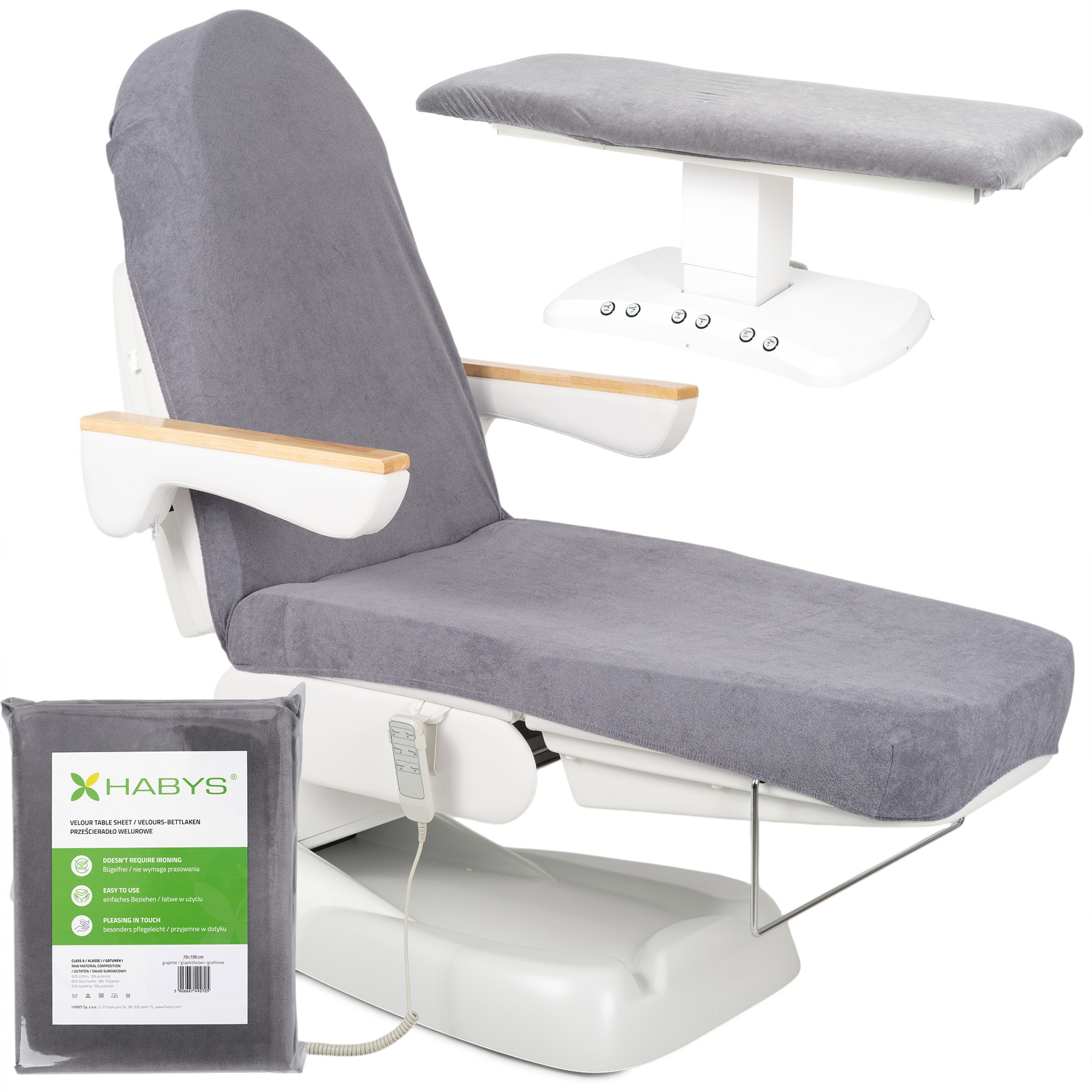 Habys velours laken met elastiek en bandjes voor cosmeticastoel - grafiet 1 Habys velours laken met elastiek en bandjes voor cosmeticastoel - grafiet 1